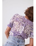 Short envelope blouse with flowers and a belt, purple and cream 02041 - Online store - Boutique